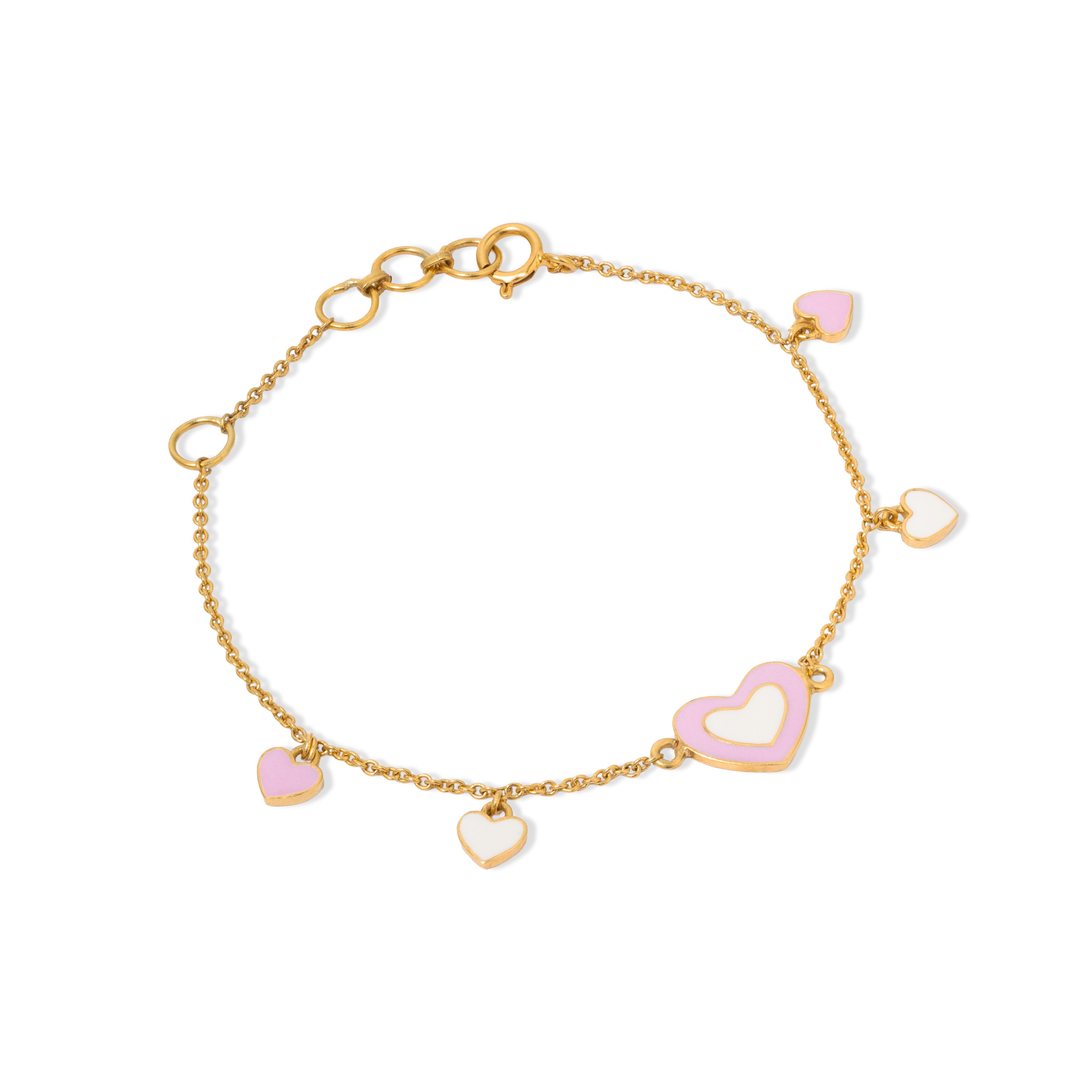 Tiny Jewels gold bracelet with pink heart charms on a white background