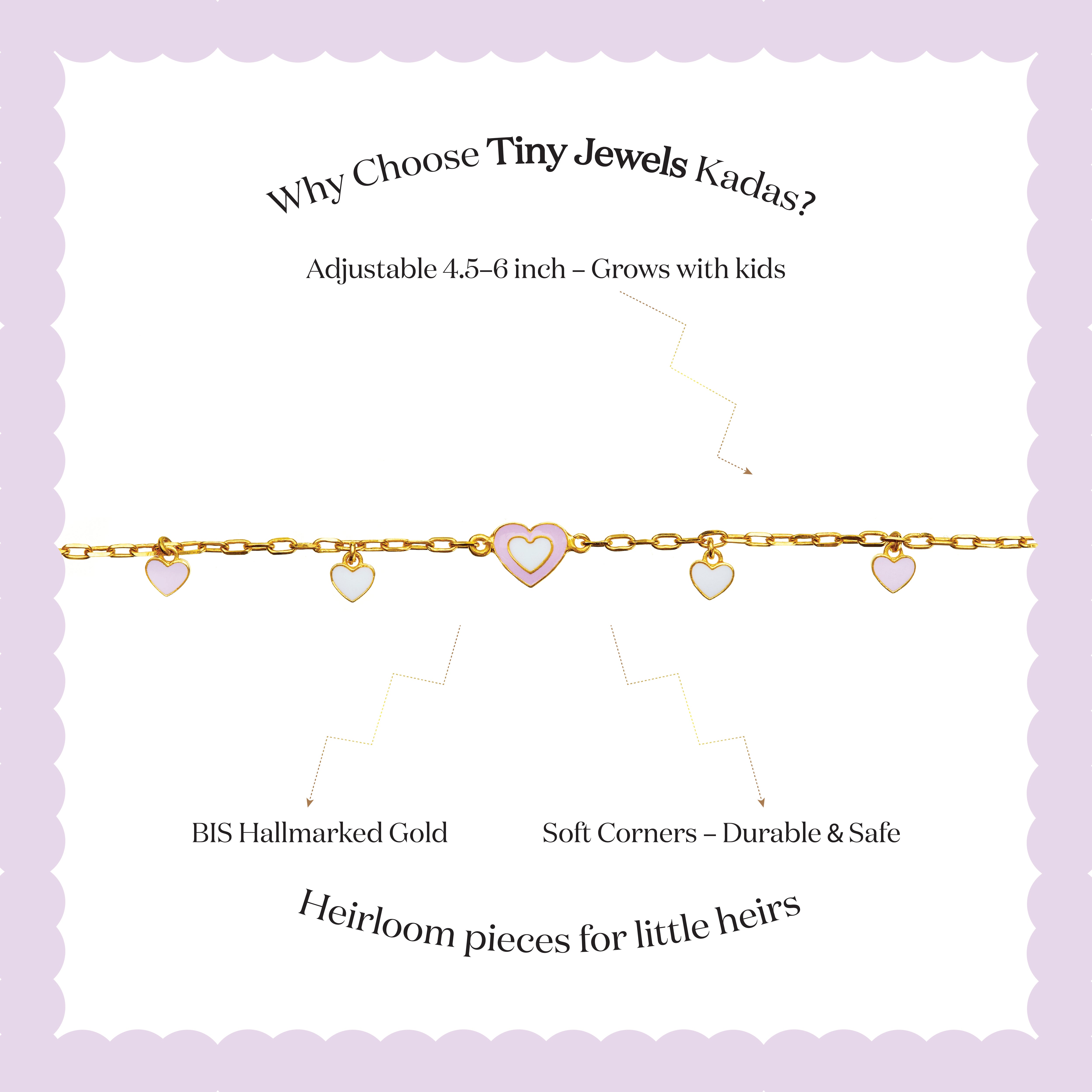 Tiny Jewels gold bracelet with heart-shaped charms on a white background with text about Tiny Jewels Kadas.