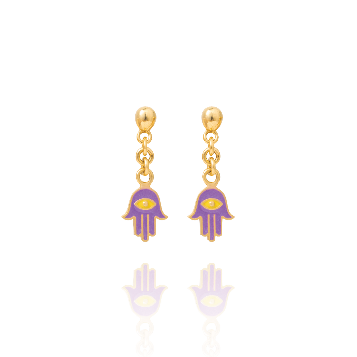 Tiny Jewels gold and purple hamsa hand earrings on a white background