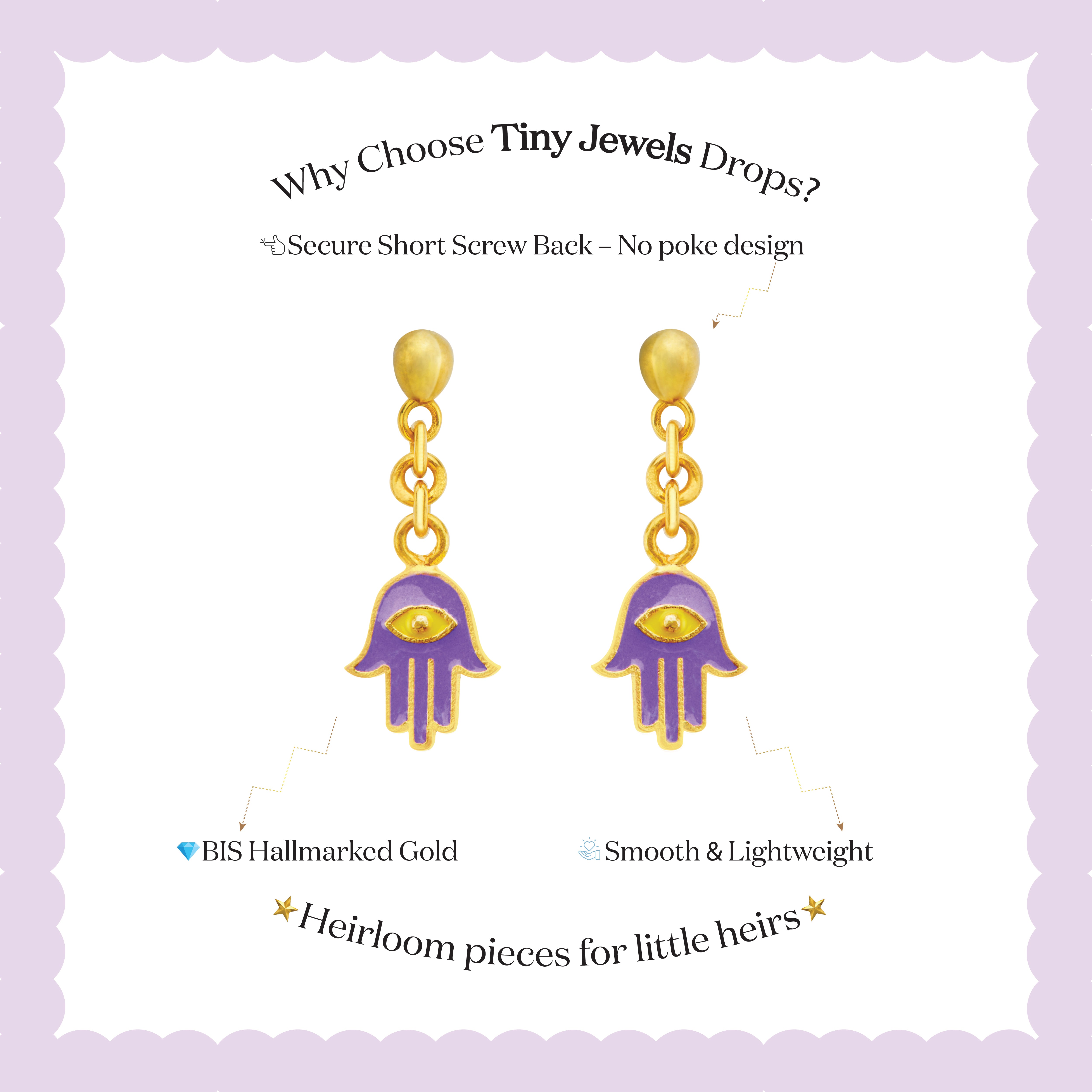 Tiny Jewels gold and purple hamsa hand earrings on a white background with text about Tiny Jewels.