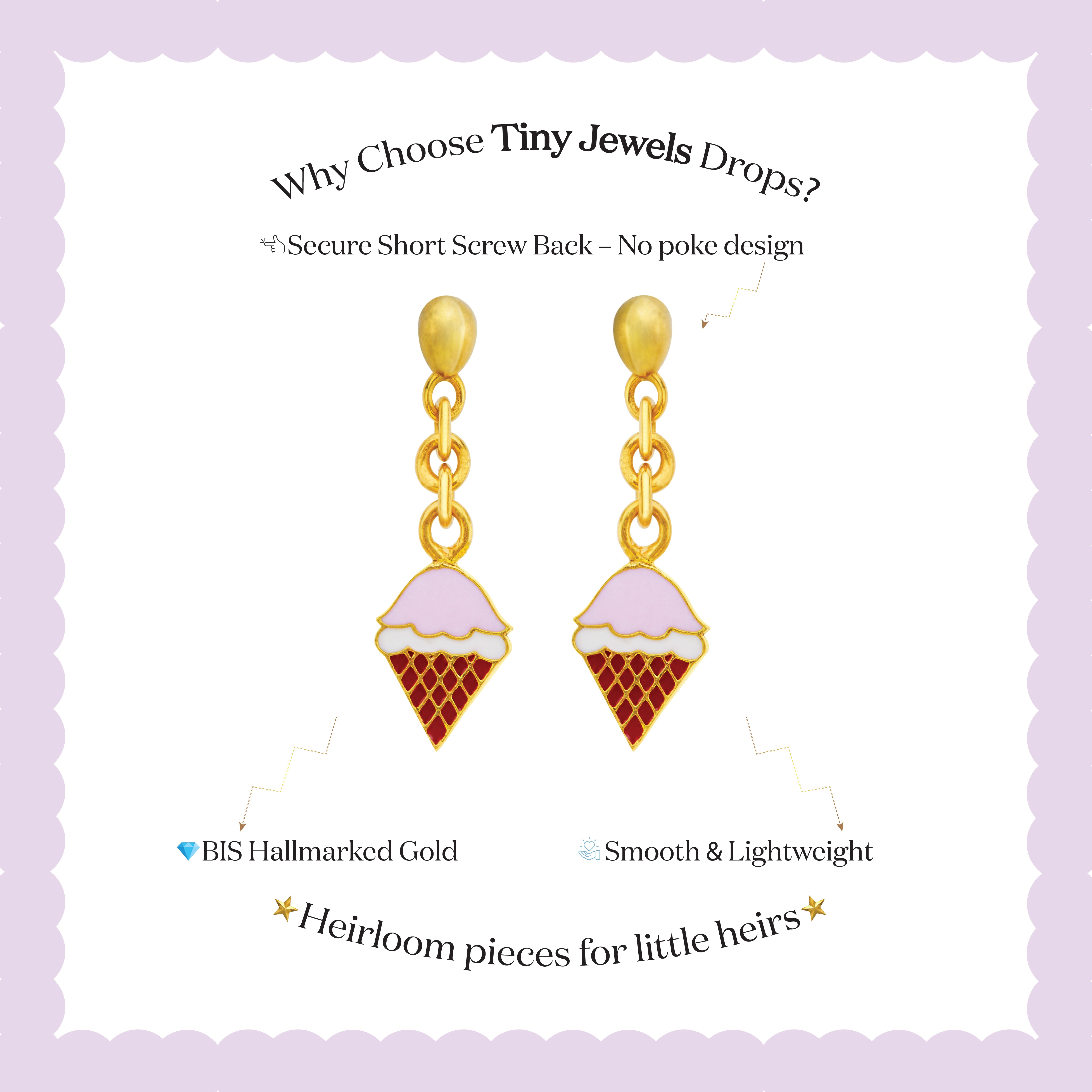 Tiny Jewels ice cream cone-shaped earrings with gold and pink details on a purple background