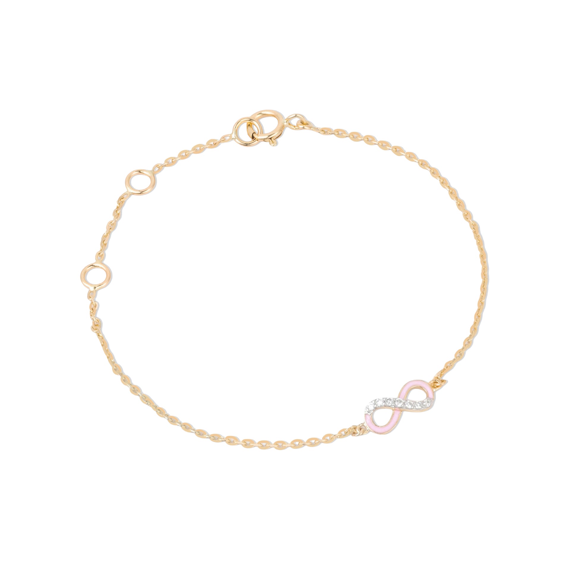 Tiny Jewels gold bracelet with a pink and silver infinity charm on a white background