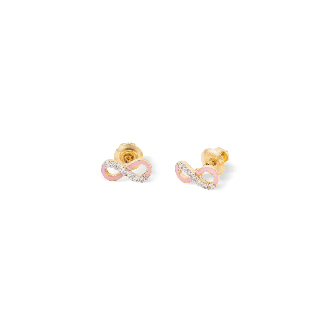 Tiny Jewels pair of gold and pink infinity symbol earrings on a white background