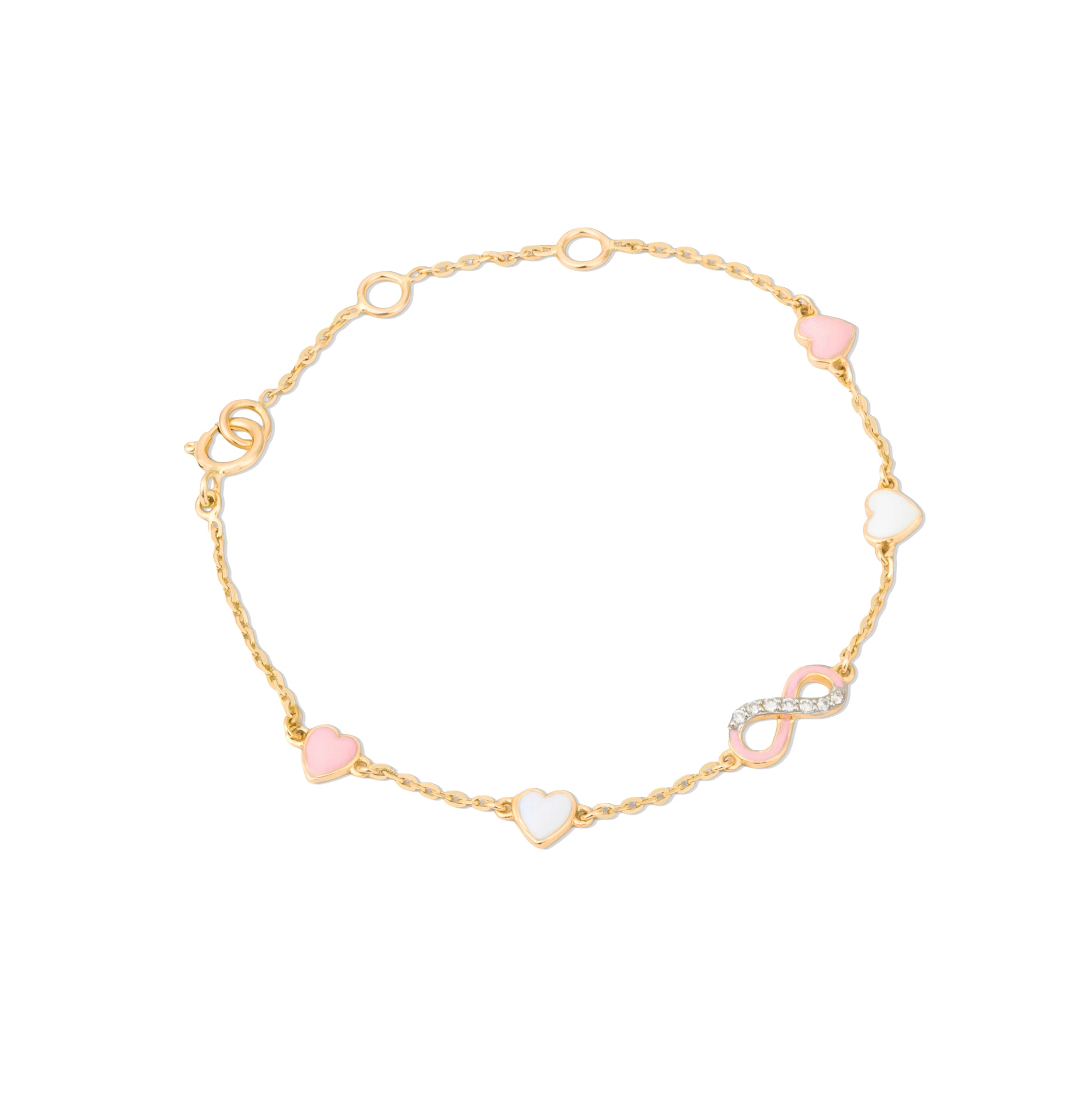 Tiny Jewels gold bracelet with heart-shaped pink and white beads on a white background