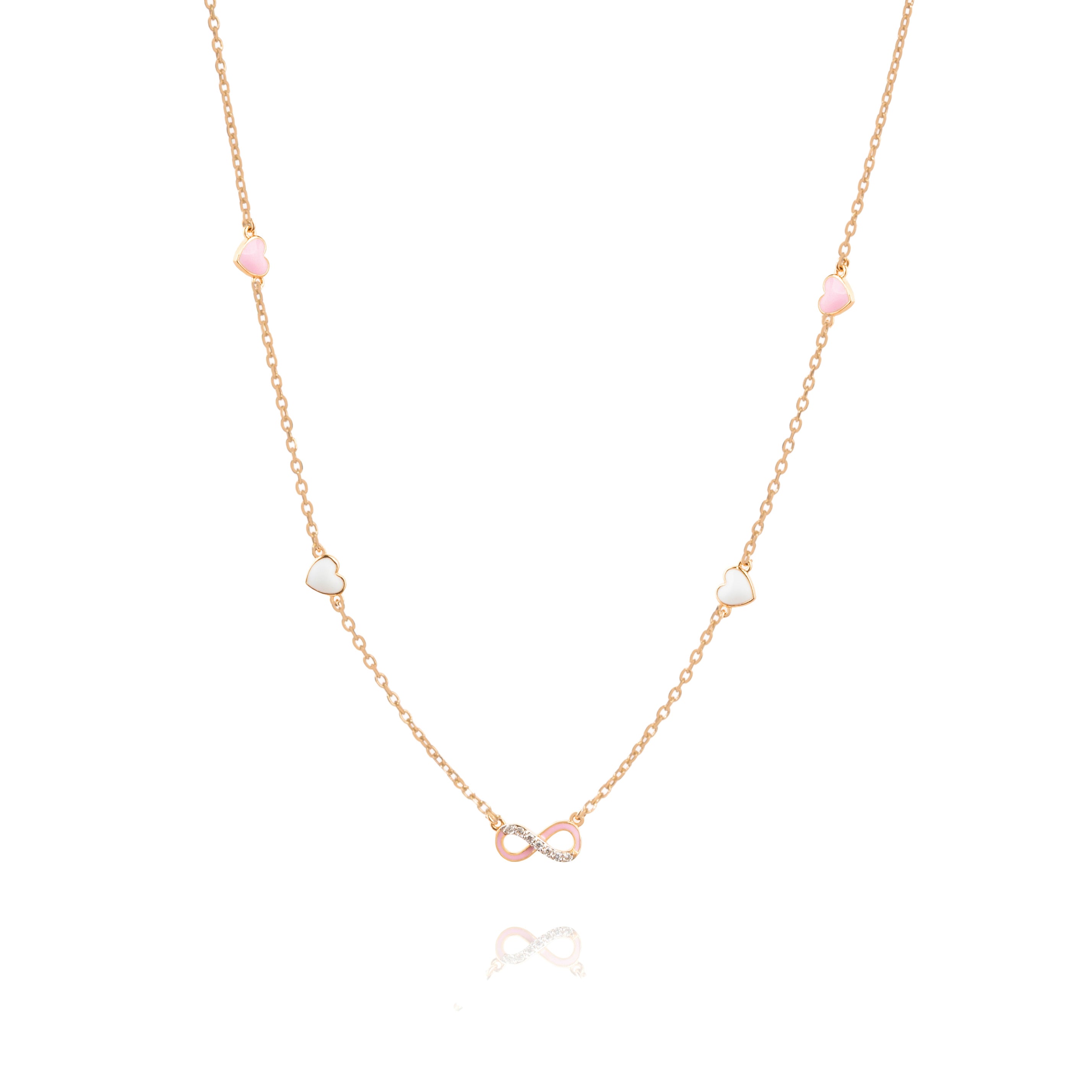 Tiny Jewels delicate necklace with pink and white beads on a gold chain against a white background
