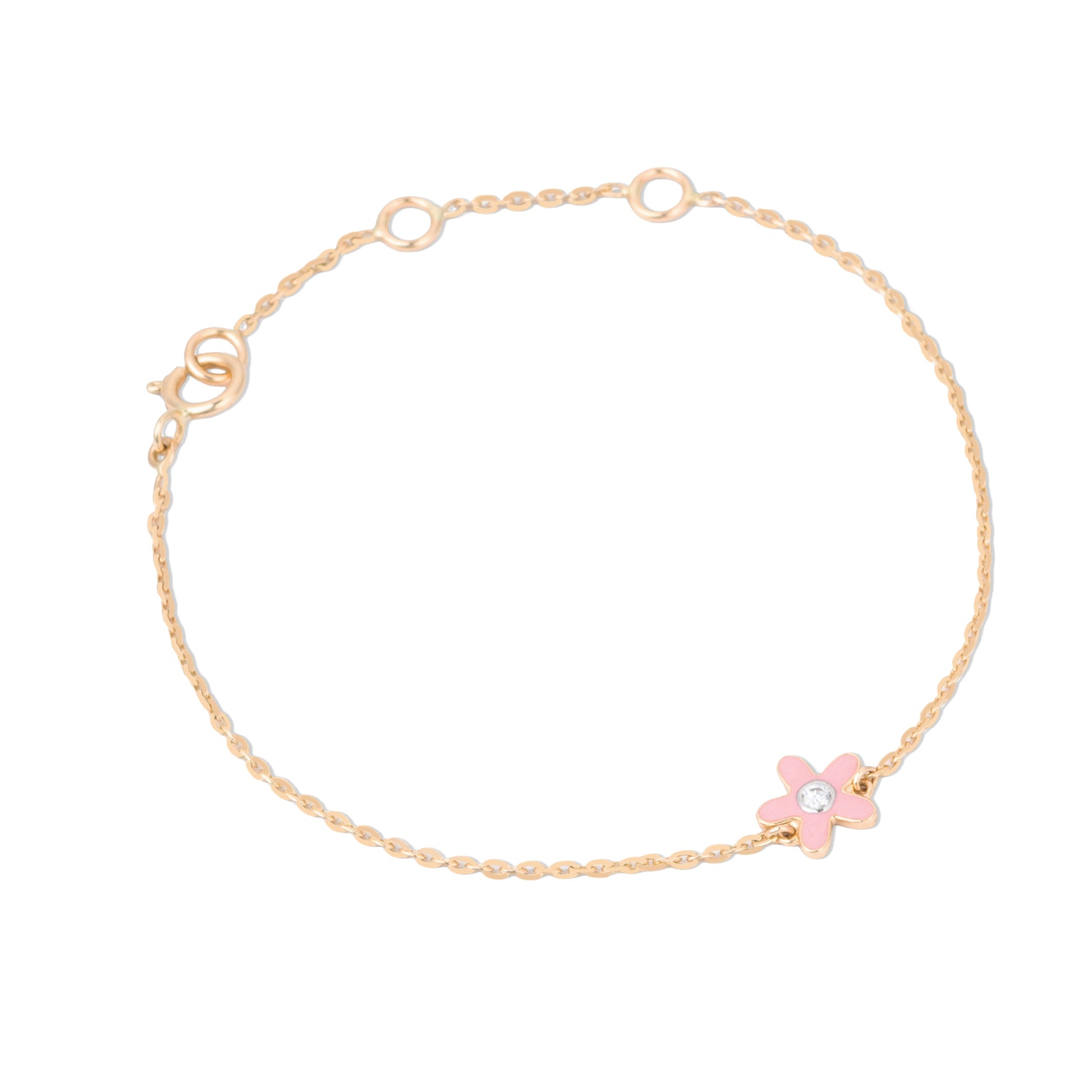 Tiny Jewels gold bracelet with a pink flower charm on a white background