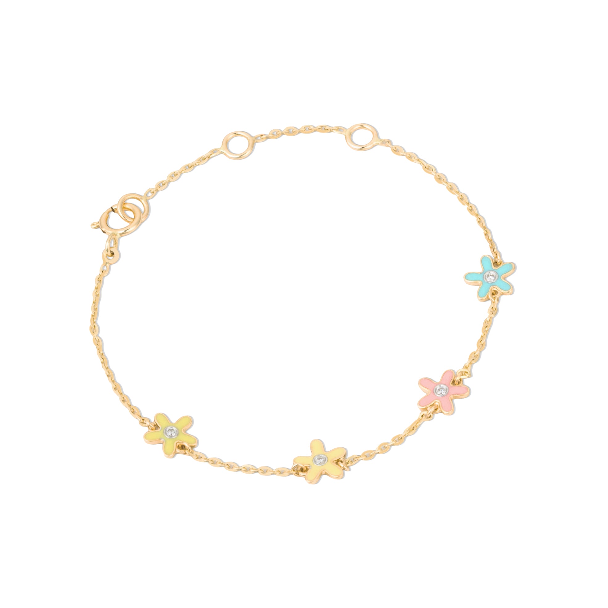 Tiny Jewels gold bracelet with colorful flower charms on a white background
