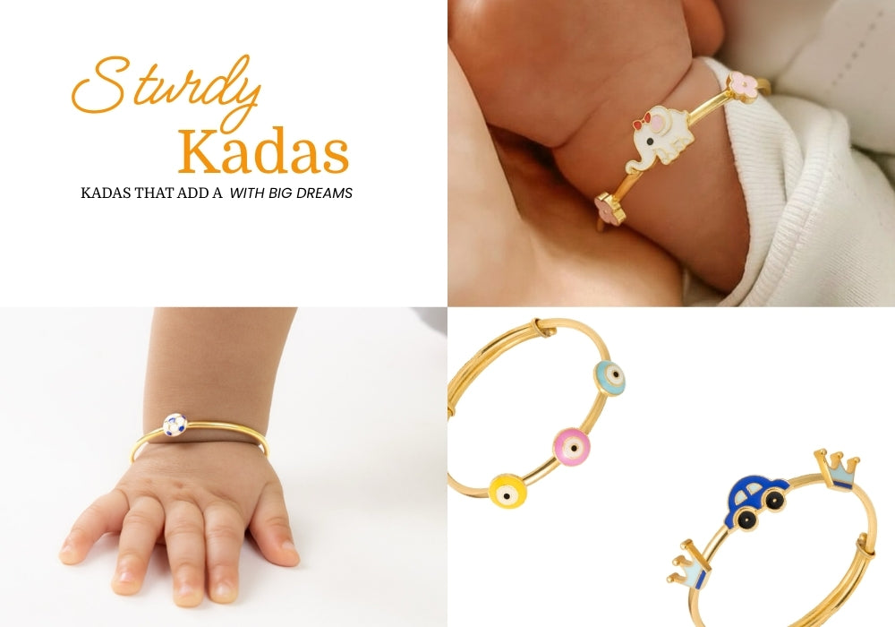 Tiny jewels kadas  children's gold bracelets with colorful charms and 'Sturdy Kadas' branding.