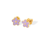 Tiny Jewels gold flower-shaped earrings with purple centers on a white background