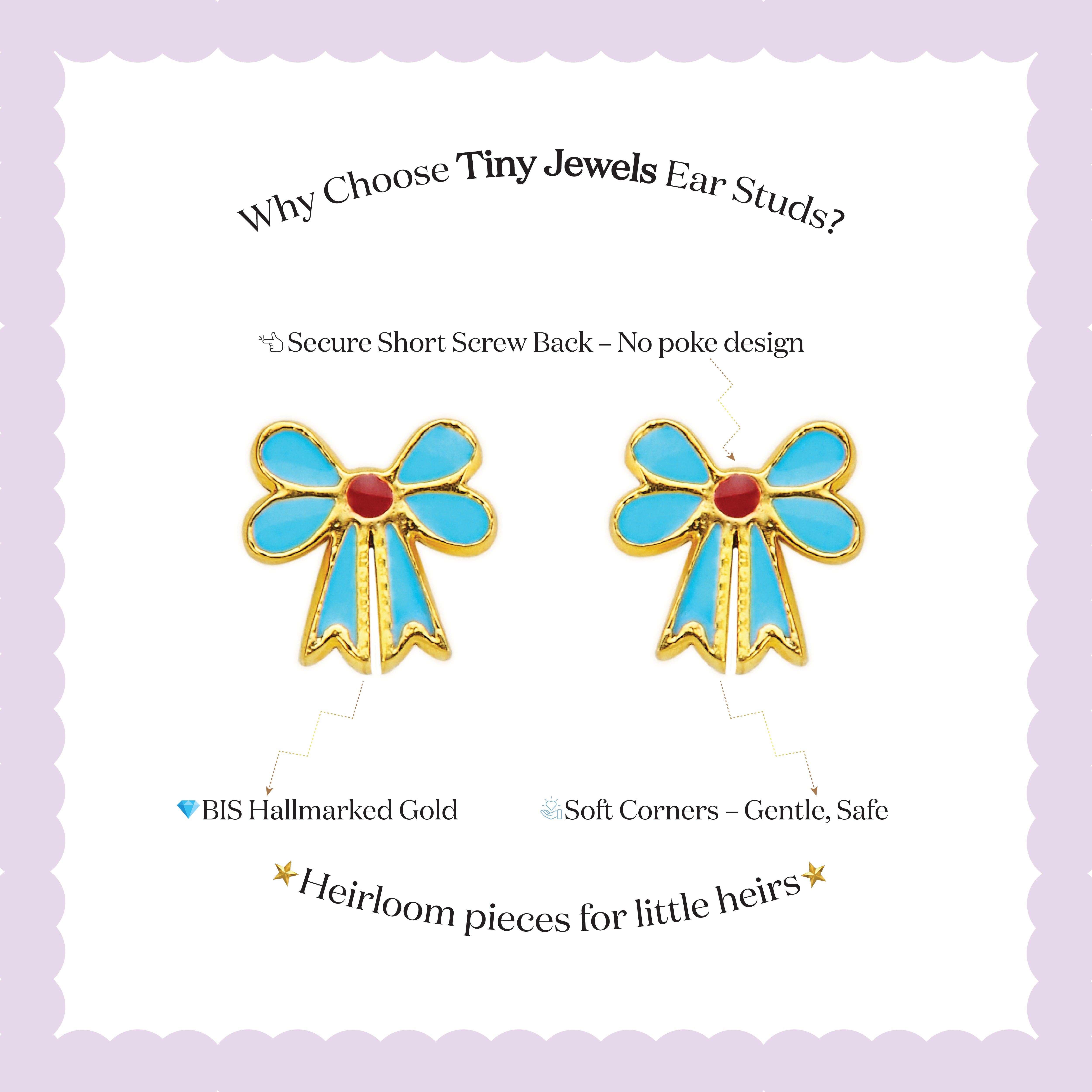 Tiny Jewels bow-shaped earrings with gold and turquoise design on a light purple background