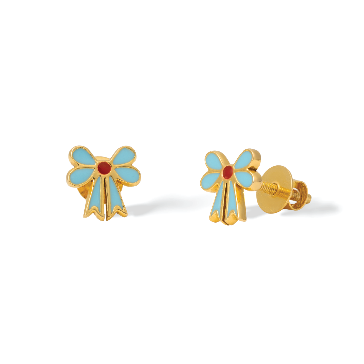 Tiny Jewels pair of gold and blue flower-shaped earrings on a white background
