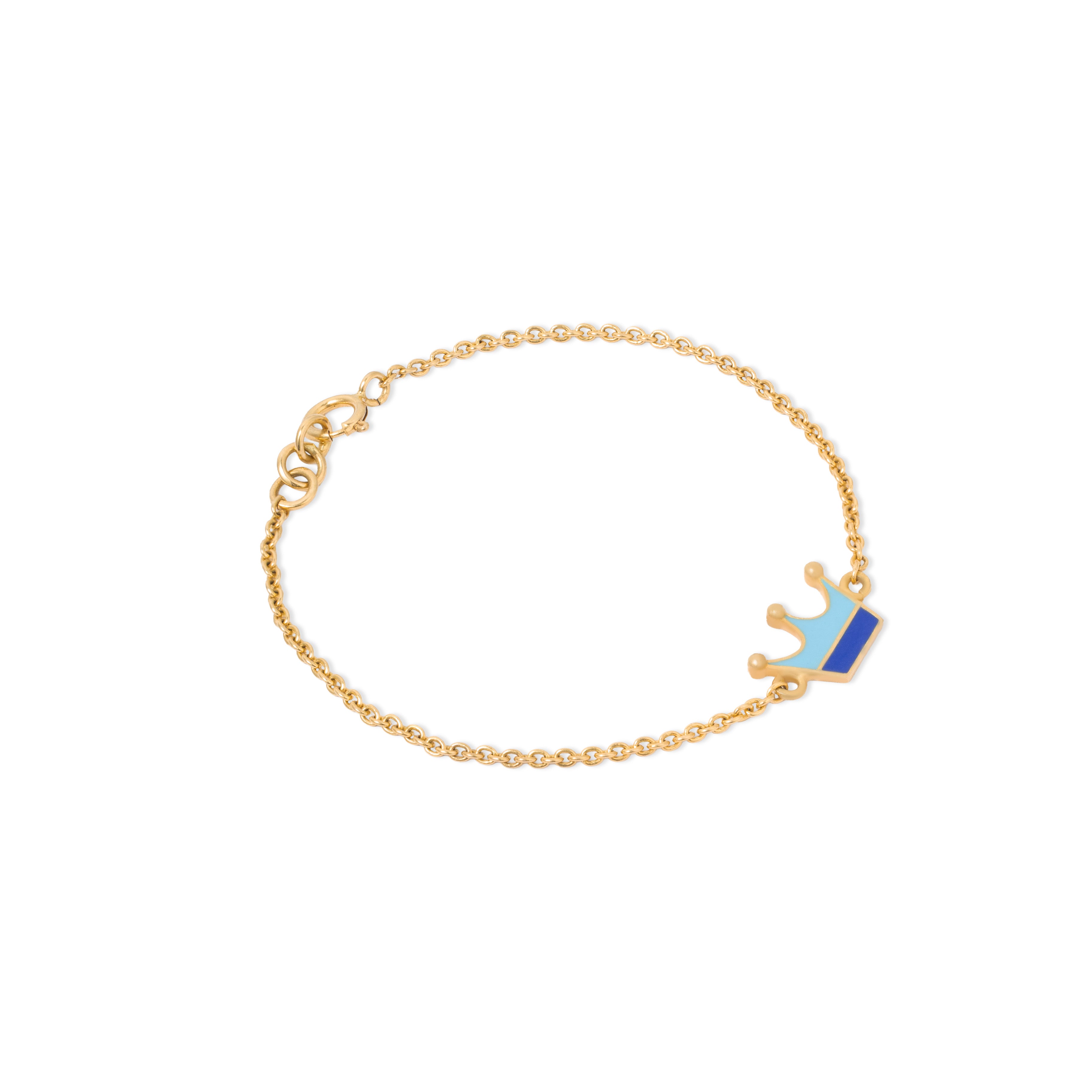 Tiny Jewels gold bracelet with a blue crown charm on a white background