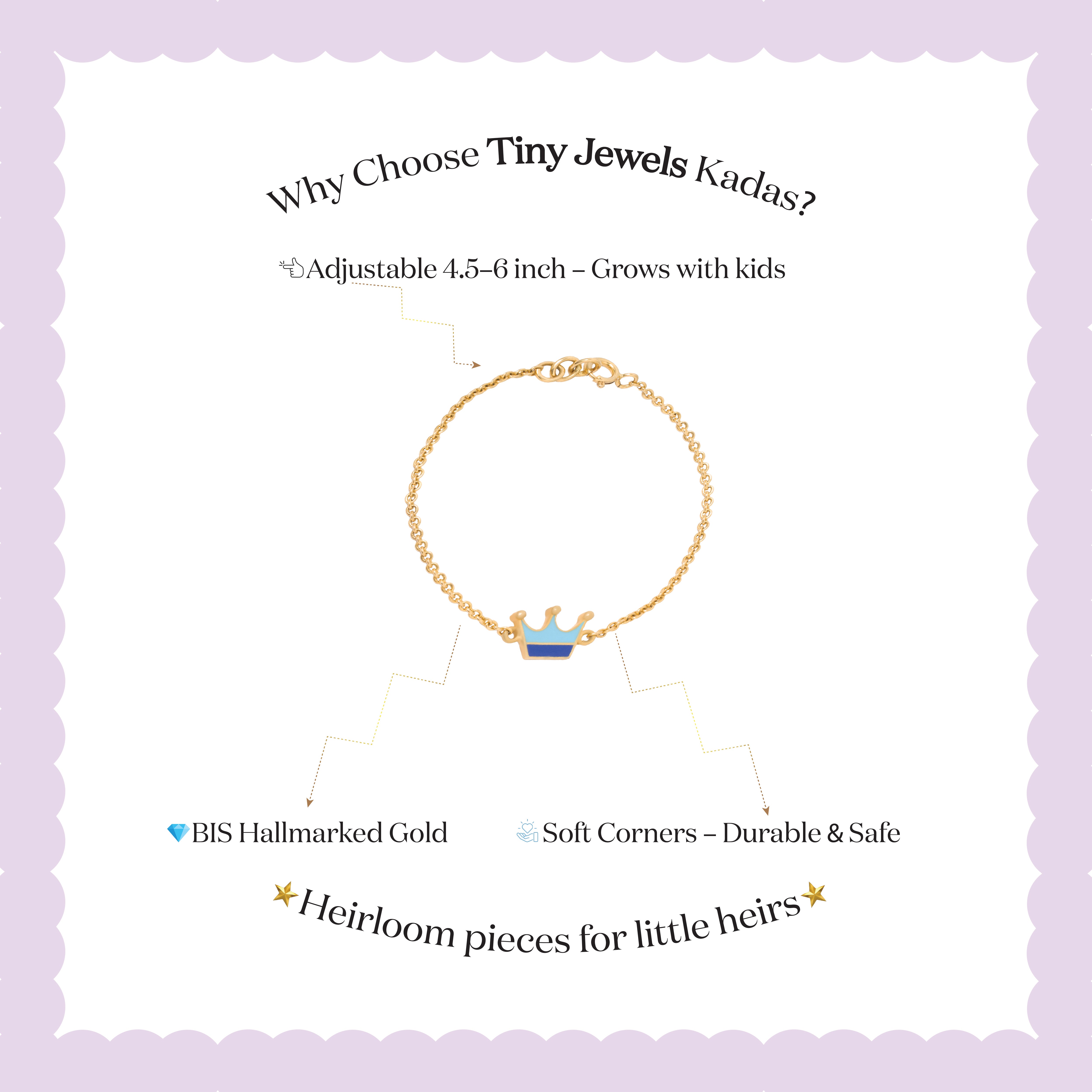Tiny Jewels gold bracelet with a crown charm on a light purple background, featuring text about Tiny Jewels Kadas.