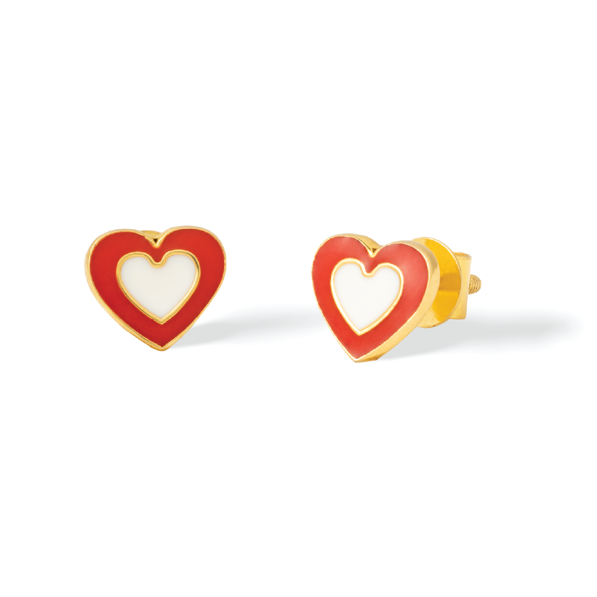Tiny Jewels heart-shaped earrings with red and gold borders on a white background