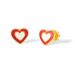 Tiny Jewels heart-shaped earrings with red and gold borders on a white background
