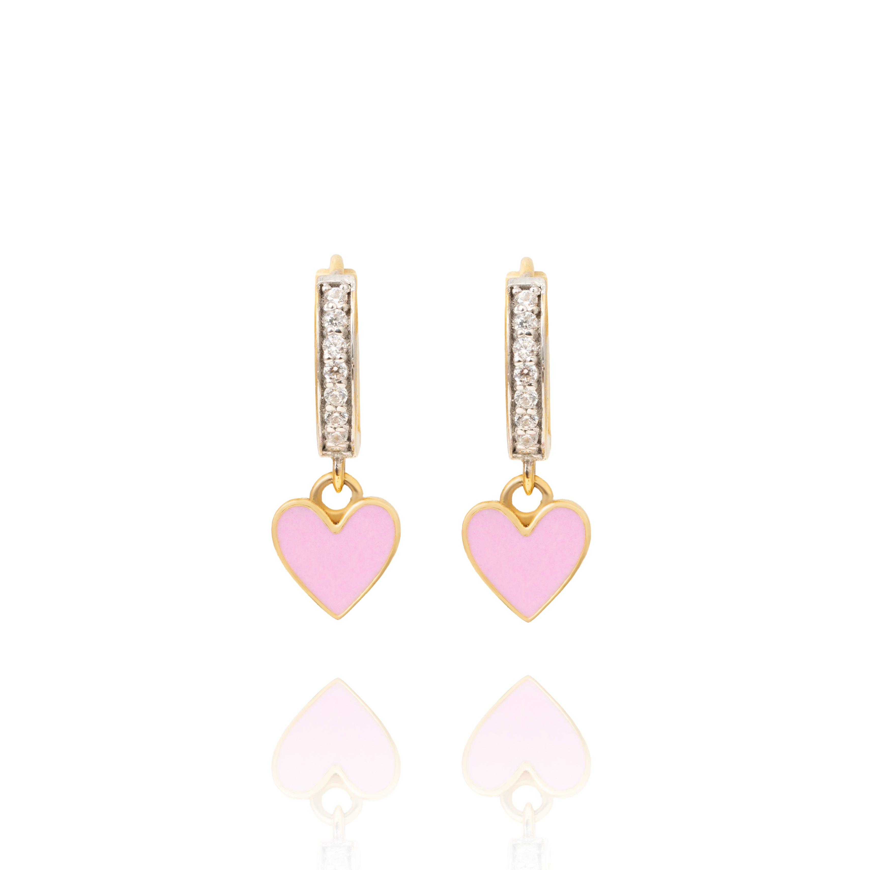 Tiny Jewels gold hoop earrings with heart-shaped charms on a white background