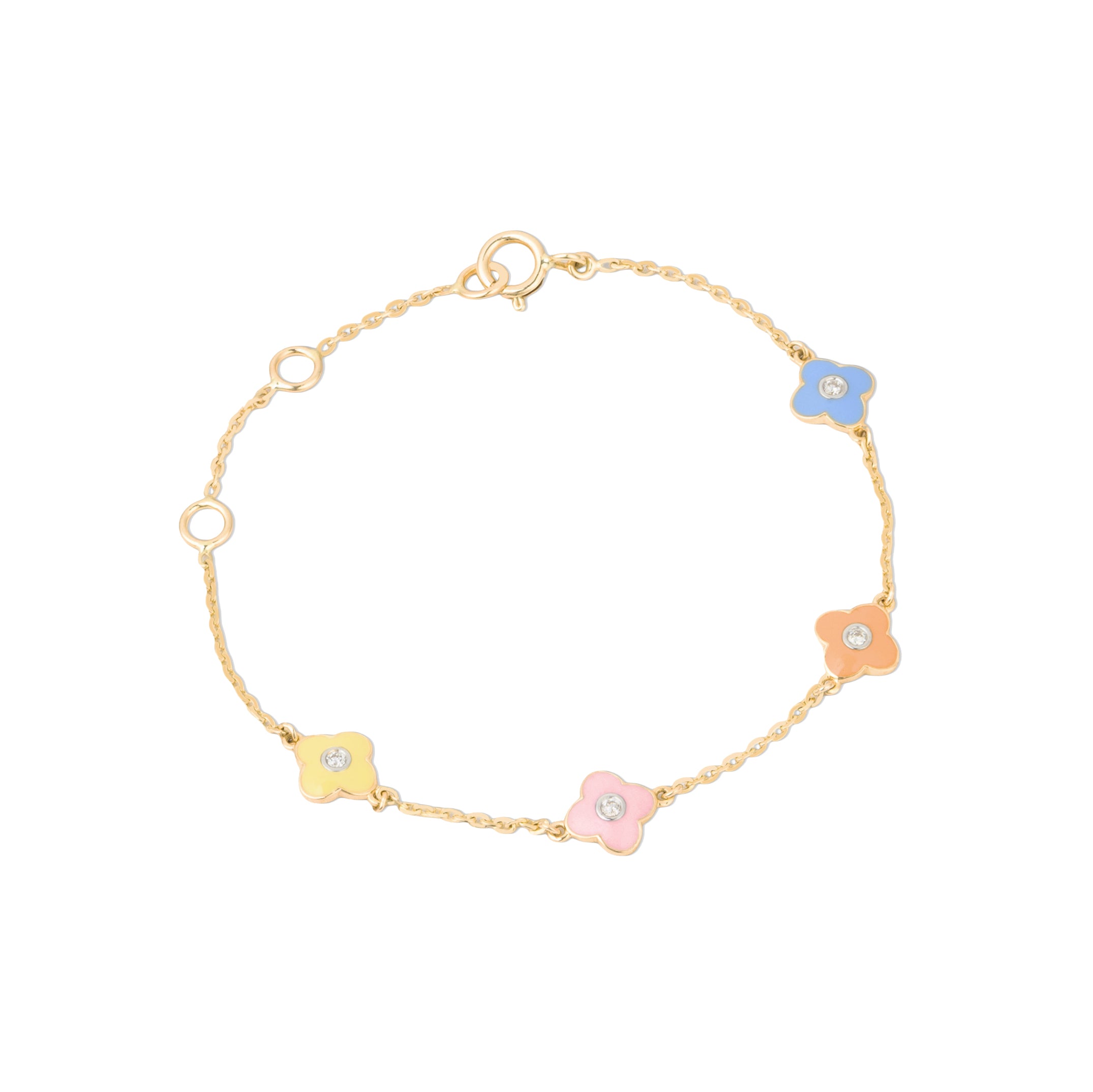 Tiny Jewels gold bracelet with colorful flower-shaped charms on a white background