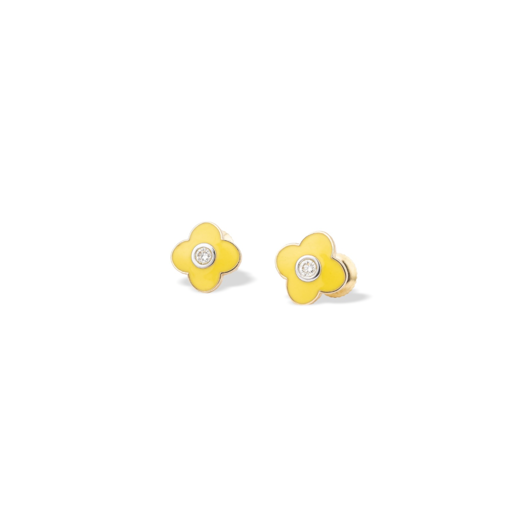 Tiny Jewels yellow flower-shaped earrings with a central gemstone on a white background
