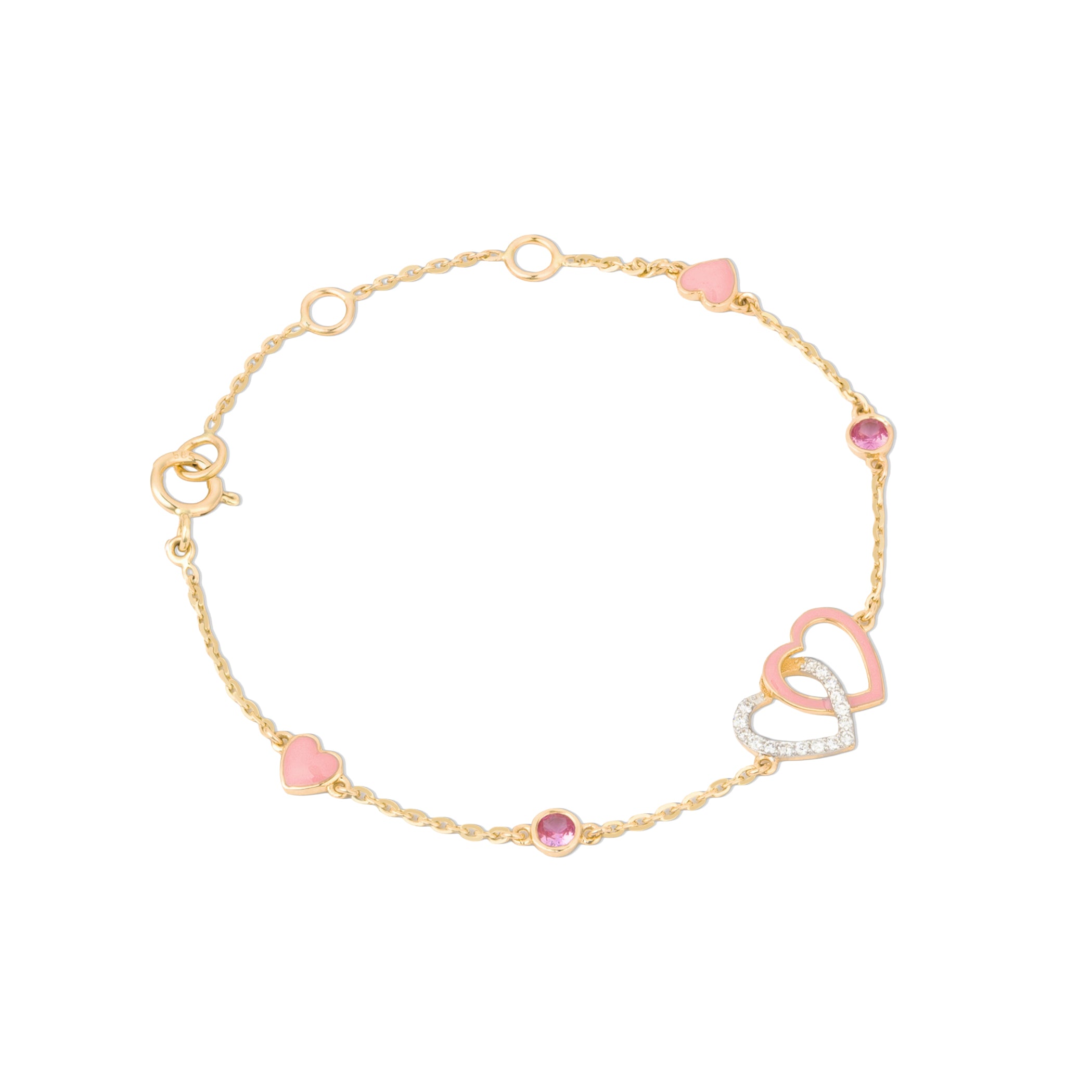 Tiny Jewels gold bracelet with pink heart-shaped charms on a white background