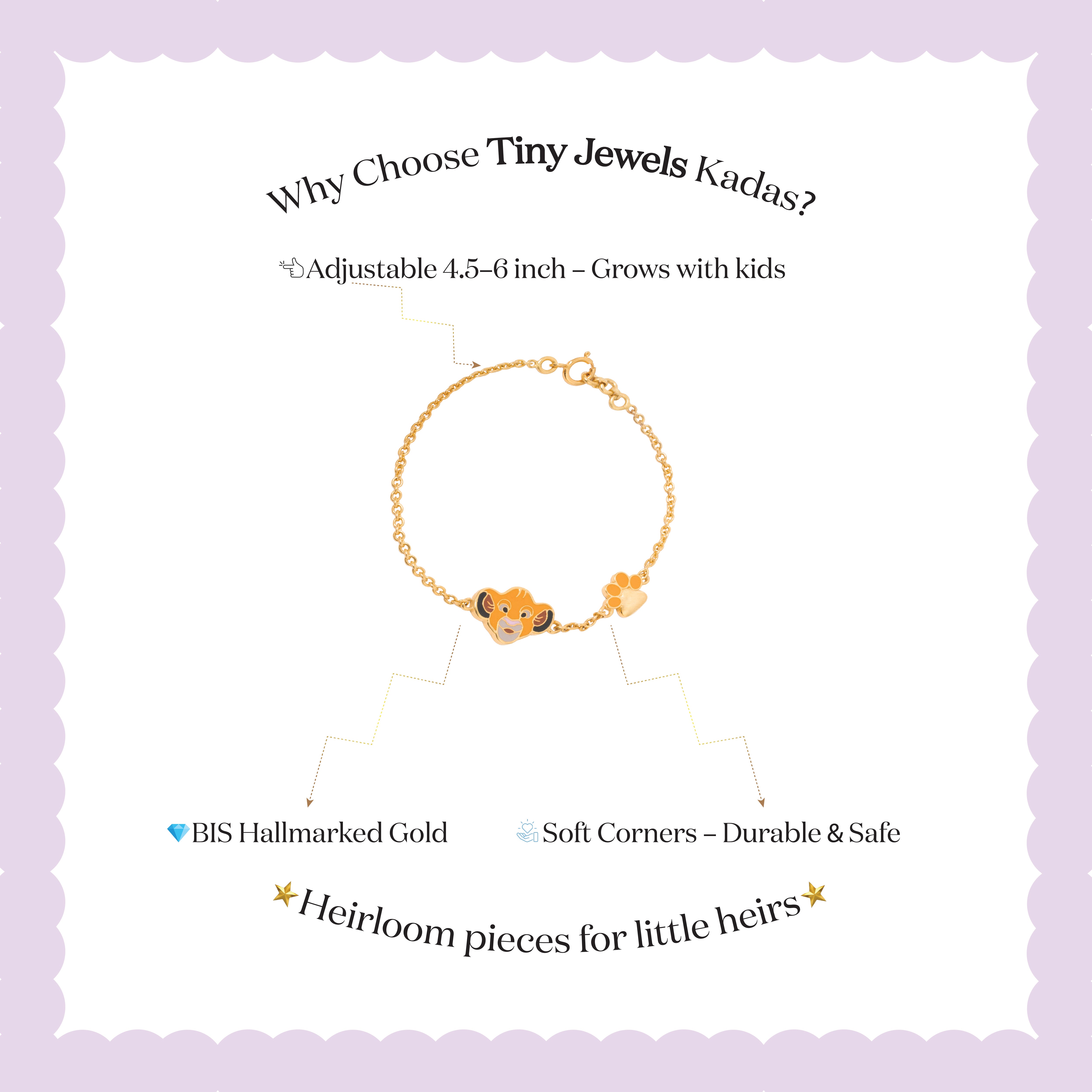 Tiny Jewels gold bracelet with a fox charm on a white background with text about Tiny Jewels Kadas.