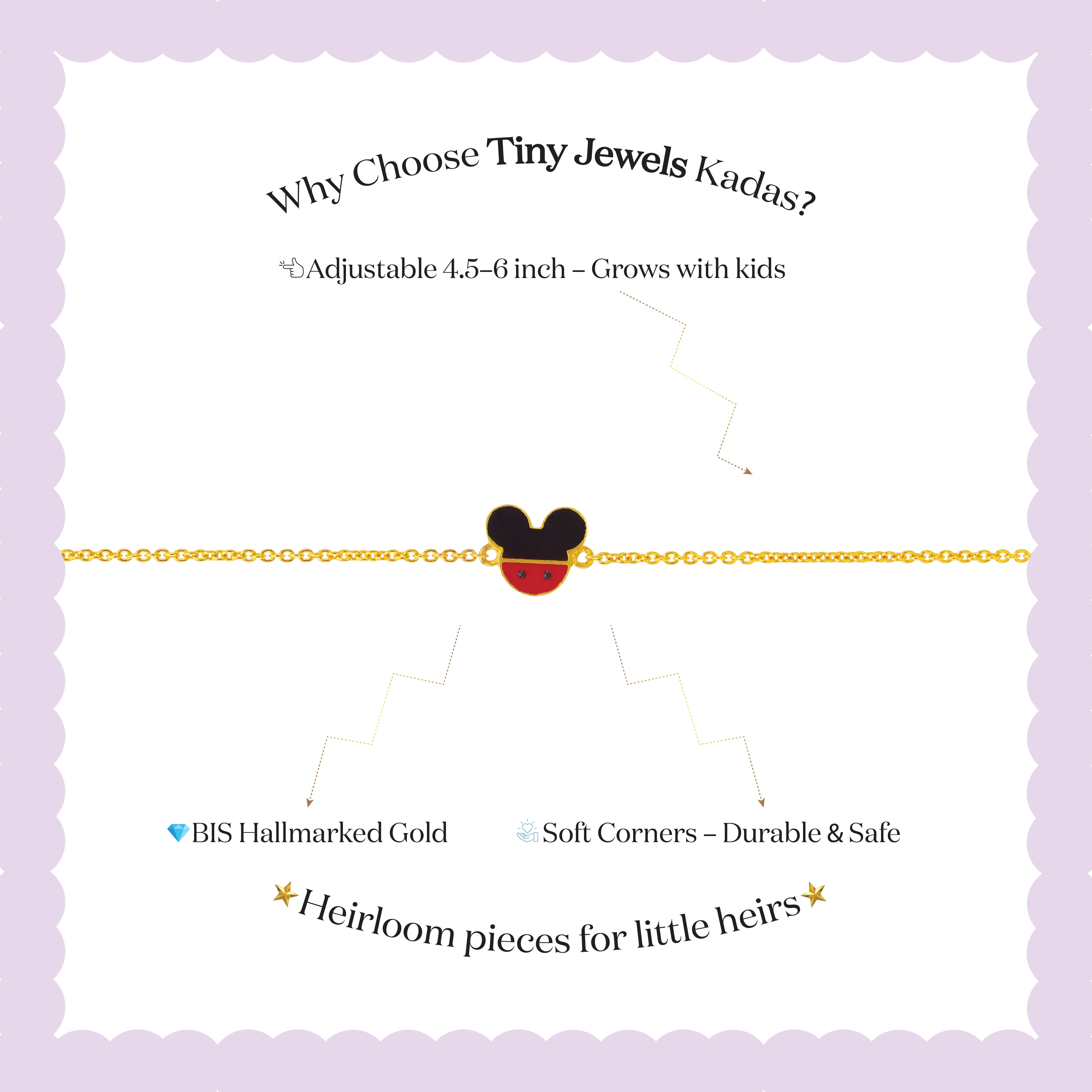 Tiny Jewels branding and product information for Tiny Jewels Kadas on a light purple background