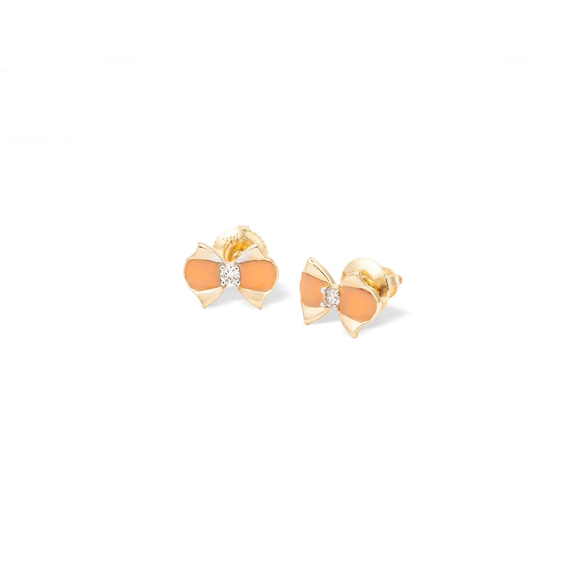 Tiny Jewels pair of bow-shaped earrings with gold and orange design on a white background