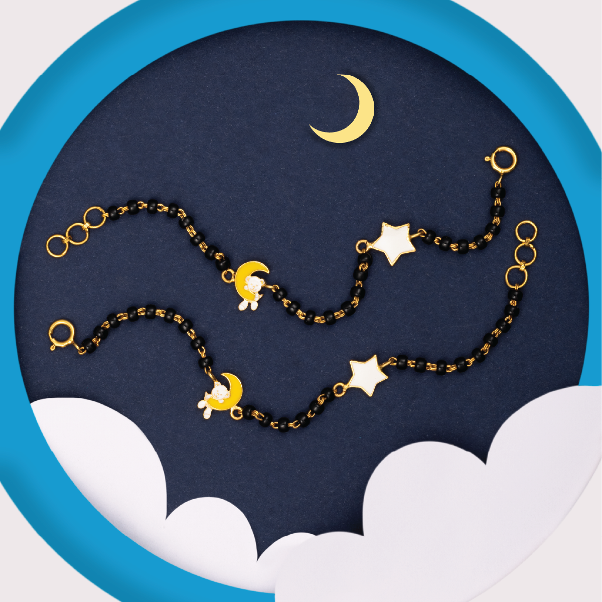 Tiny Jewels bracelet with moon and star charms on a blue and white background
