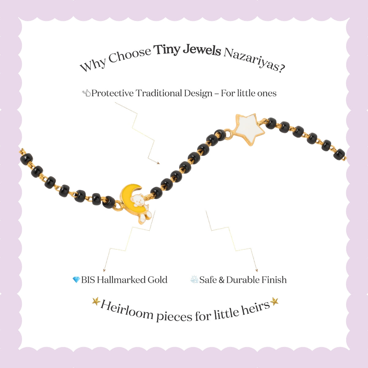 Tiny Jewels black and gold beaded bracelet with star and moon charms on a light purple background, featuring text about Tiny Jewels Nazariyas.