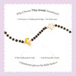 Tiny Jewels black and gold beaded bracelet with star and moon charms on a light purple background, featuring text about Tiny Jewels Nazariyas.
