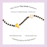 Tiny Jewels black and gold beaded bracelet with star and moon charms on a light purple background, featuring text about Tiny Jewels Nazariyas.