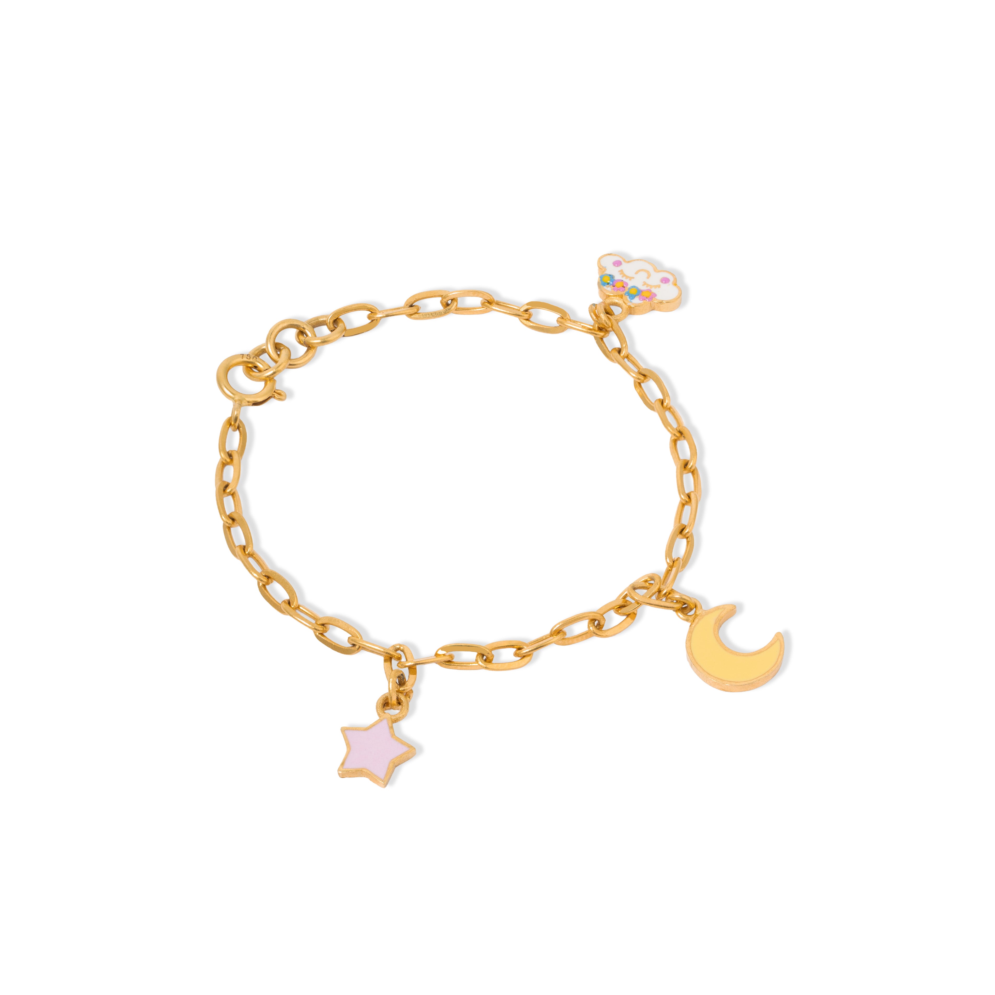 Tiny Jewels gold bracelet with star and moon charms on a white background