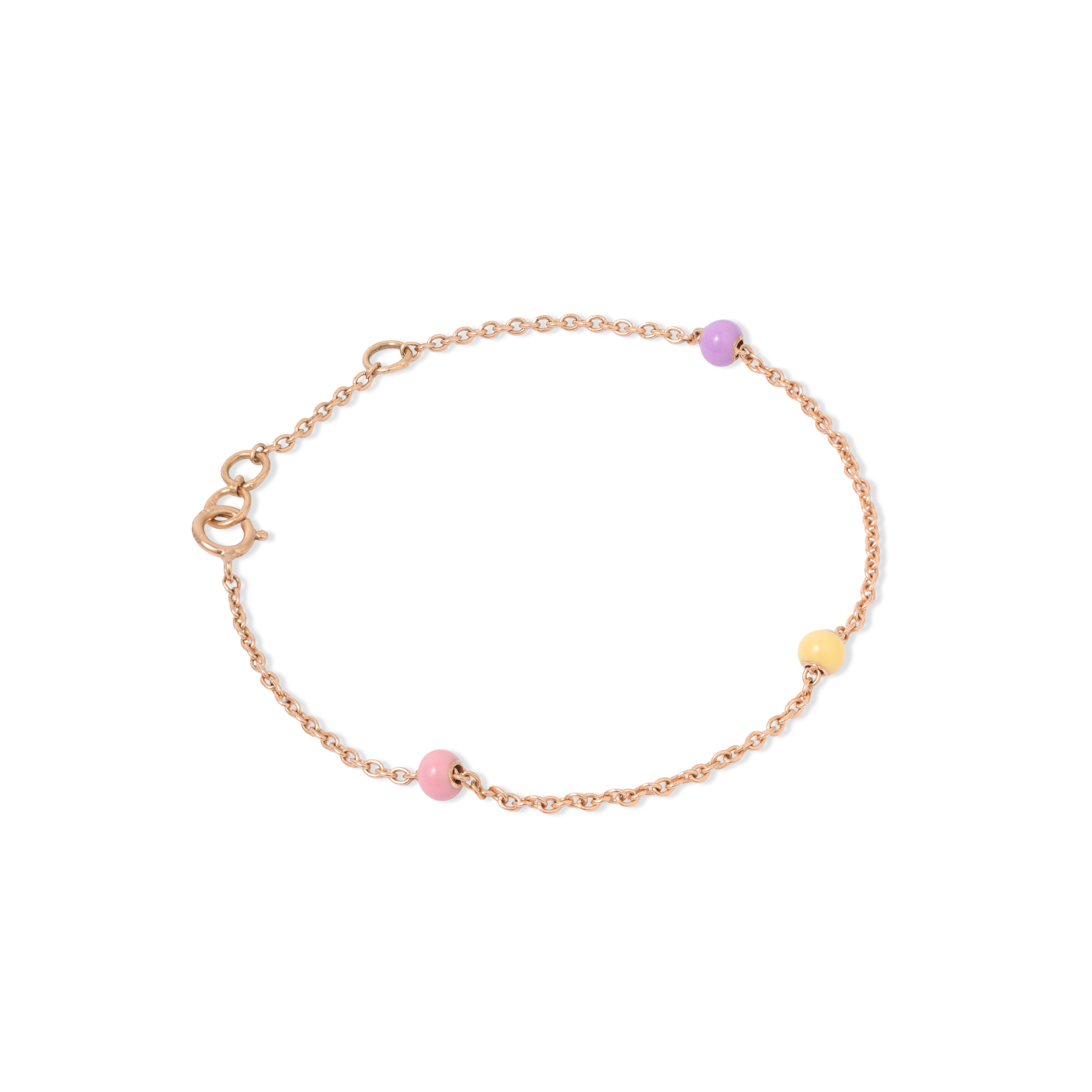 Tiny Jewels rose gold bracelet with colorful beads on a white background