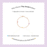 Tiny Jewels bracelet with colorful beads on a light purple background with text about Tiny Jewels Kadas.