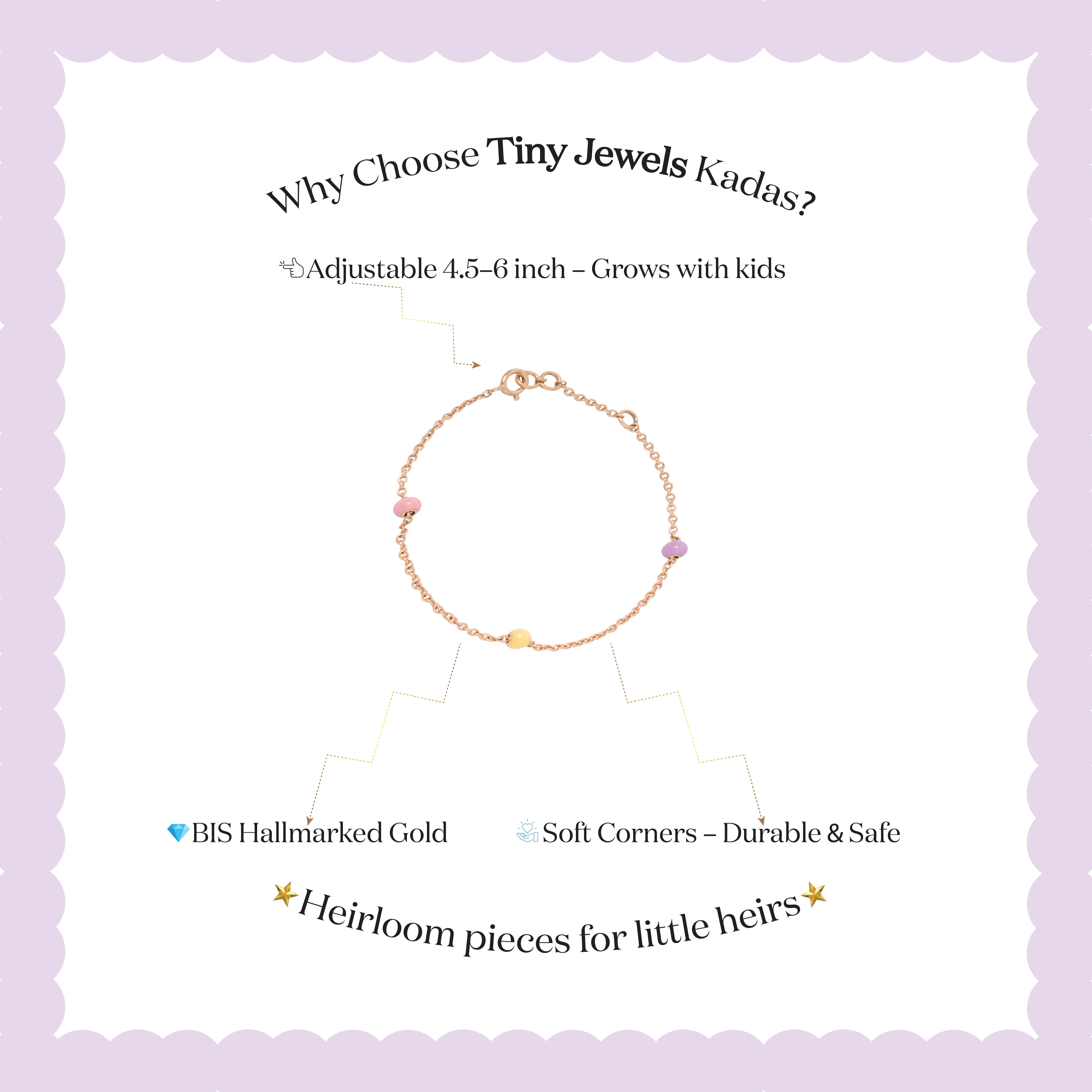 Tiny Jewels bracelet with colorful beads on a light purple background with text about Tiny Jewels Kadas.