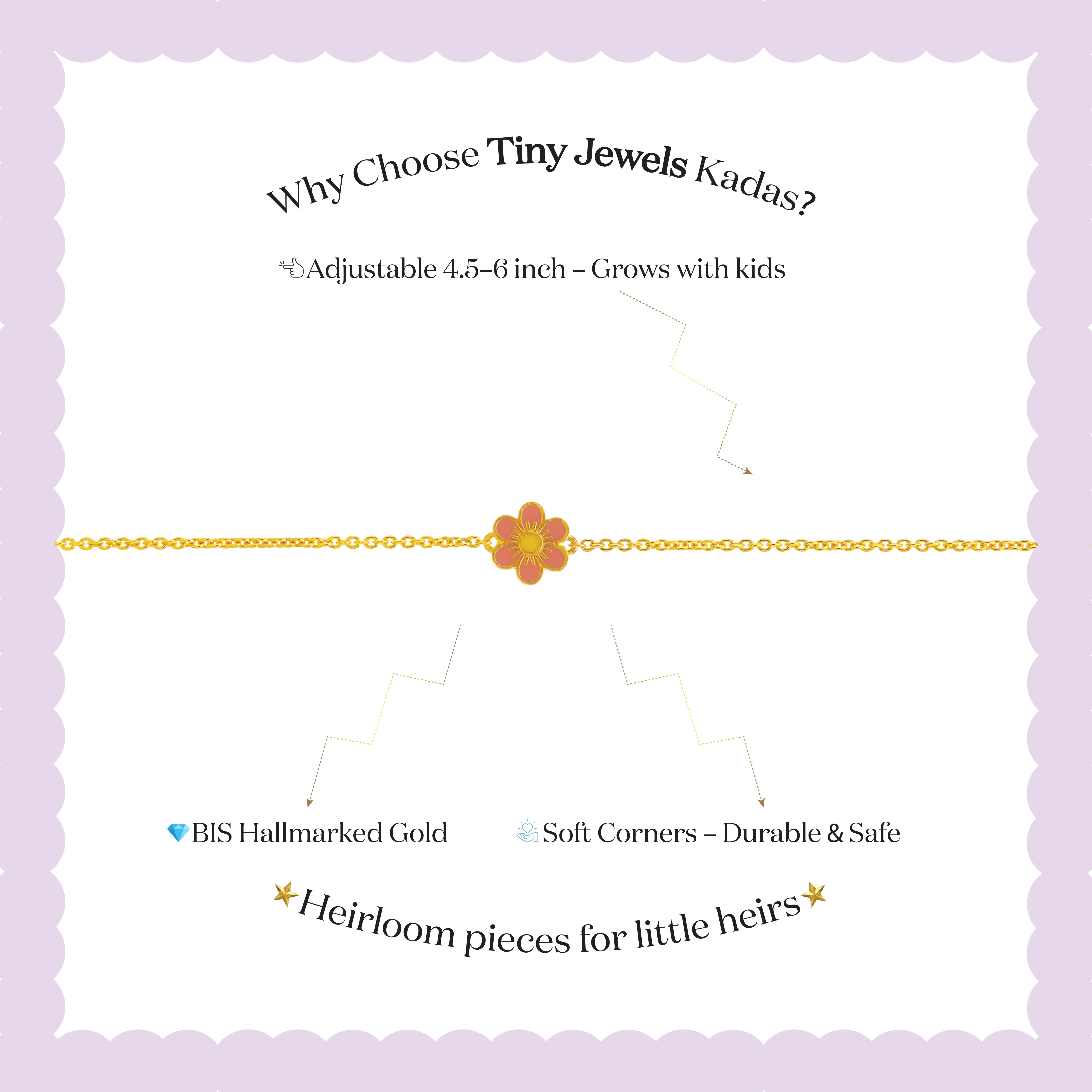 Tiny Jewels gold bracelet with a flower charm on a white background with promotional text about Tiny Jewels Kadas.