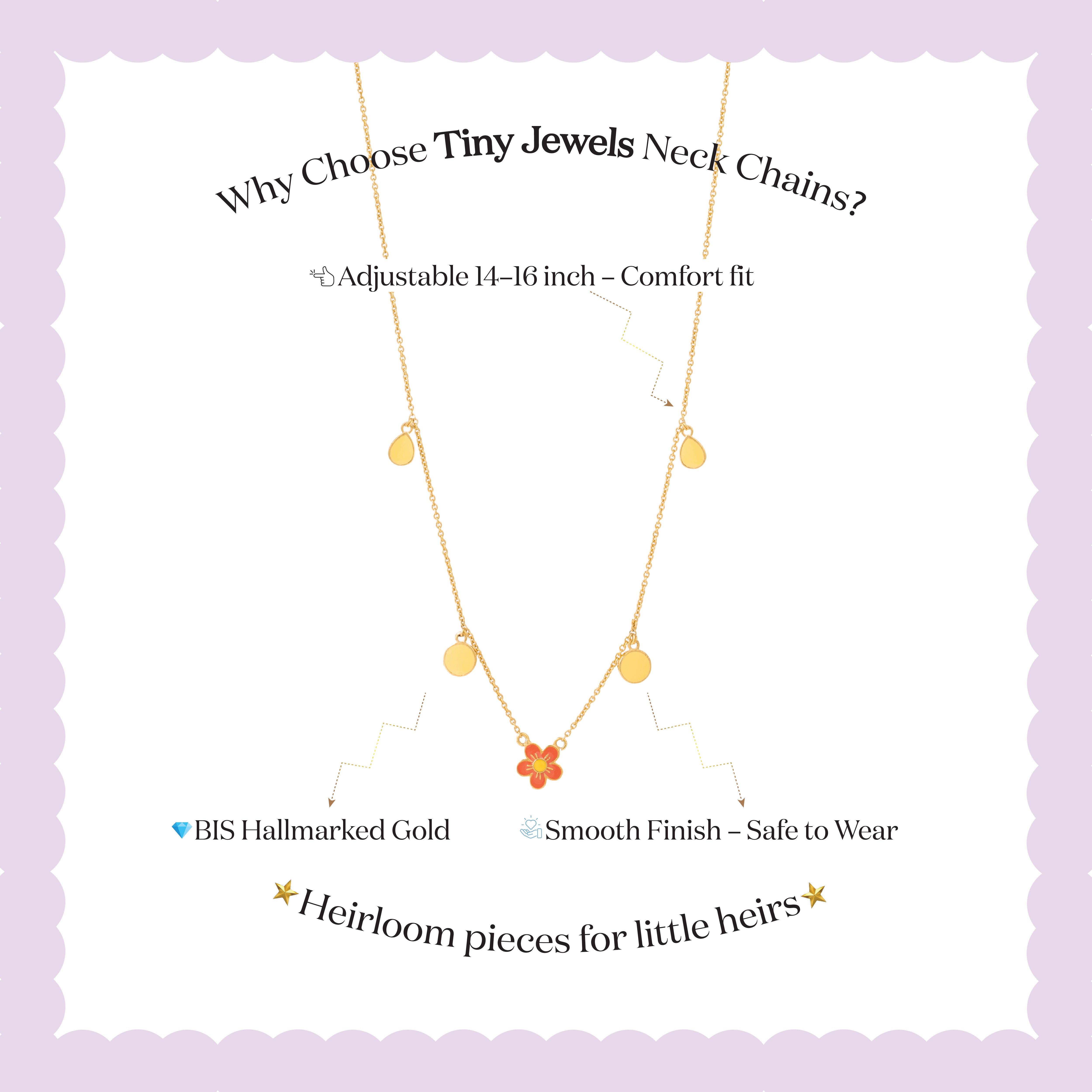 Tiny Jewels gold necklace with a flower pendant on a white background with text about Tiny Jewels neck chains.