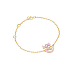 Tiny Jewels gold bracelet with a pink heart and bow charm on a white background