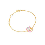 Tiny Jewels gold bracelet with a pink heart and bow charm on a white background