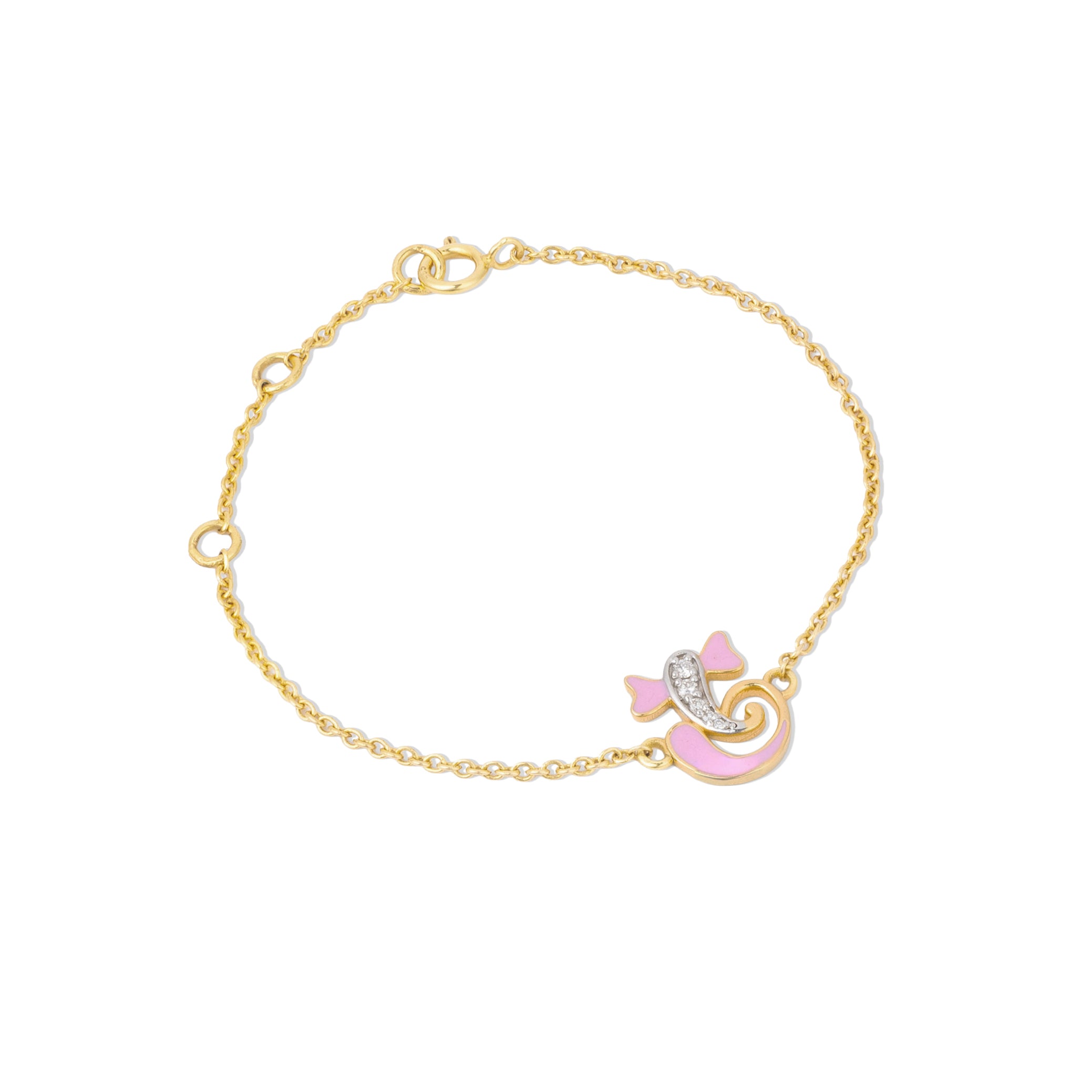Tiny Jewels gold bracelet with a pink heart and bow charm on a white background