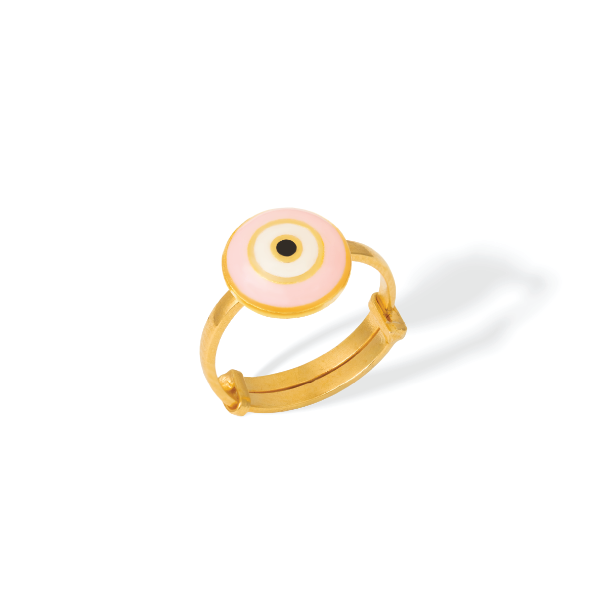 Tiny Jewels gold ring with a pink and black eye design on a white background