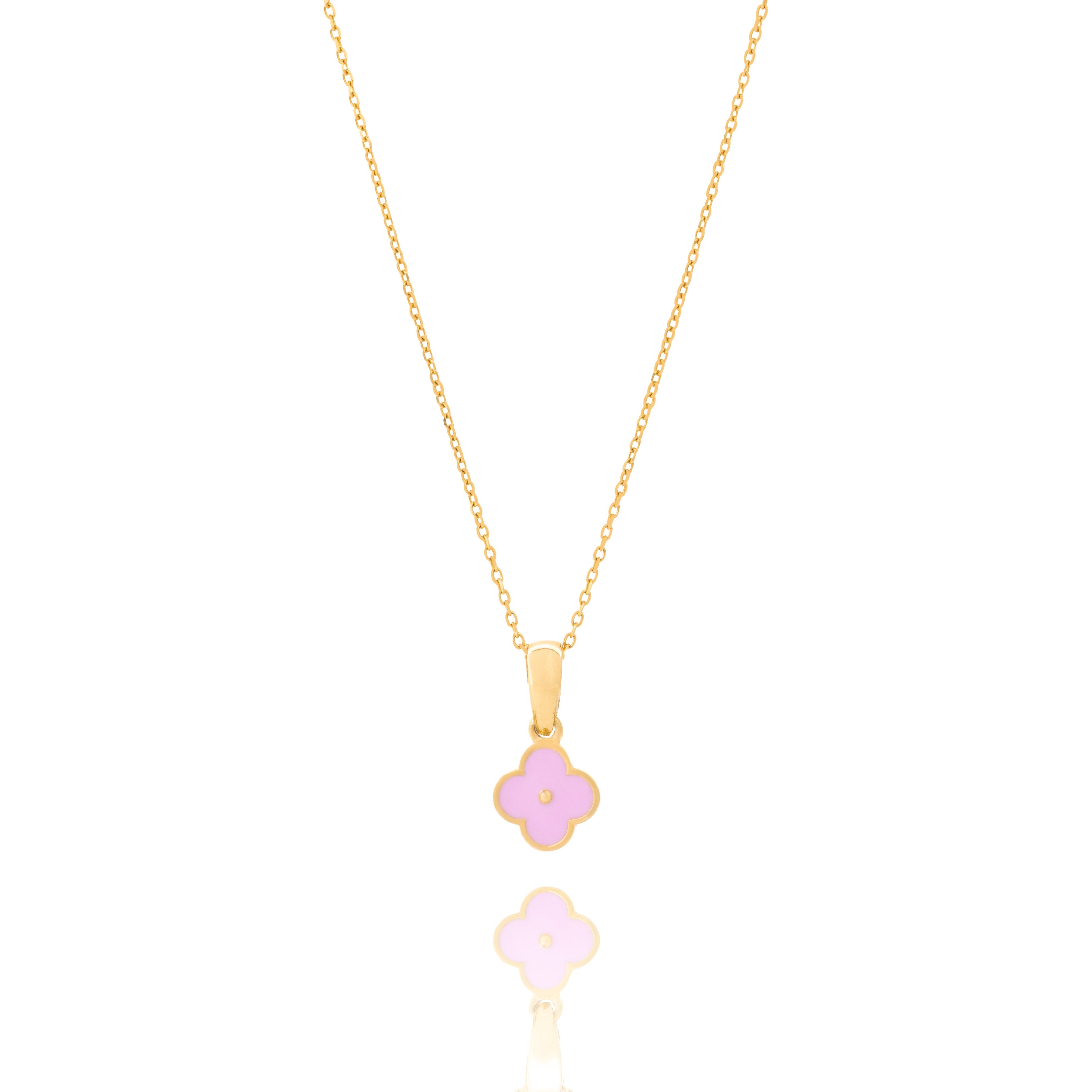 Tiny Jewels Gold pendant with a pink clover-shaped center on a white background