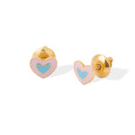 Tiny Jewels heart-shaped earrings with pink outlines and blue centers on a white background