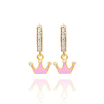 Tiny Jewels gold and pink crown-shaped earrings on a white background