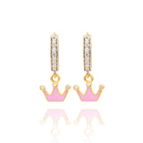 Tiny Jewels gold and pink crown-shaped earrings on a white background
