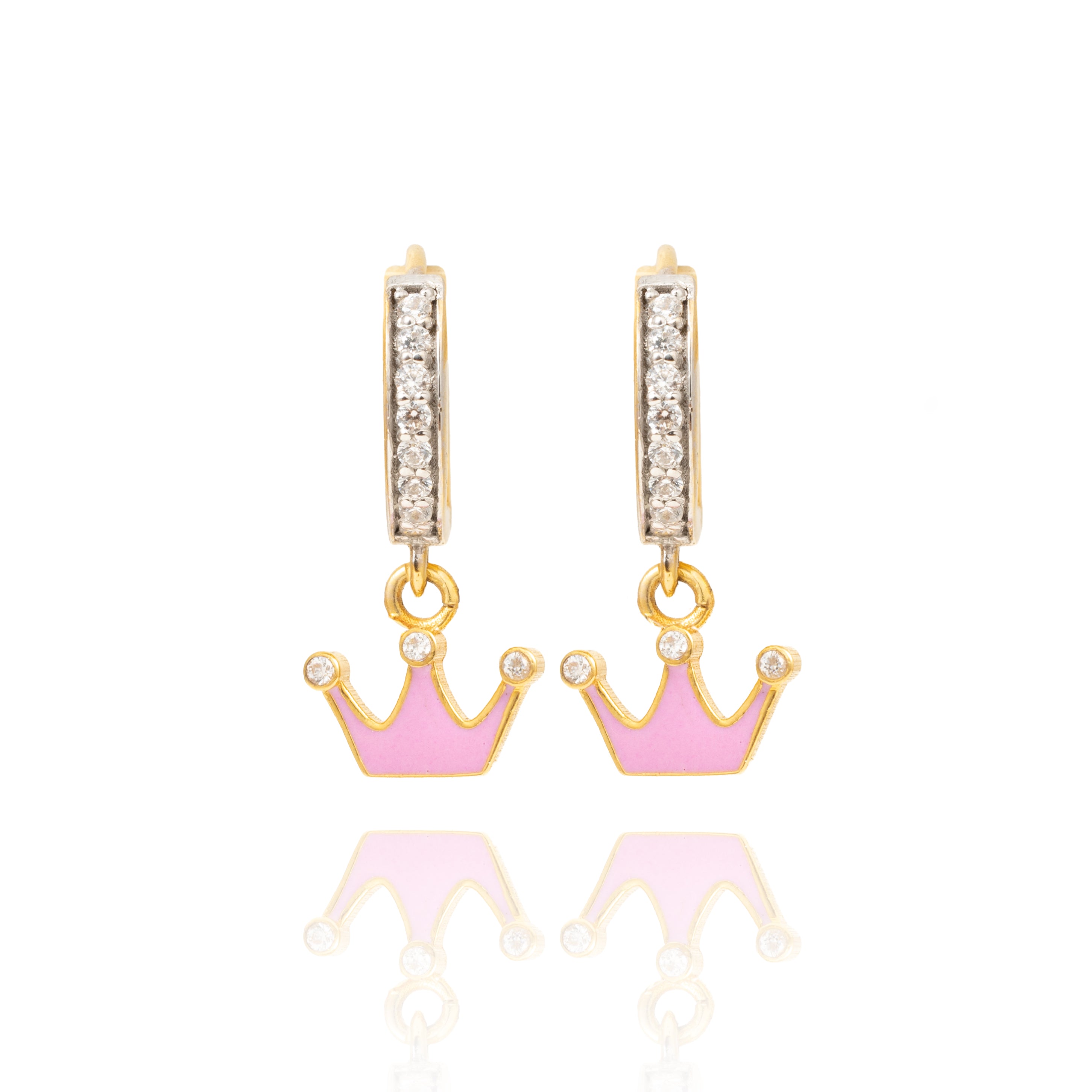 Tiny Jewels gold and pink crown-shaped earrings on a white background