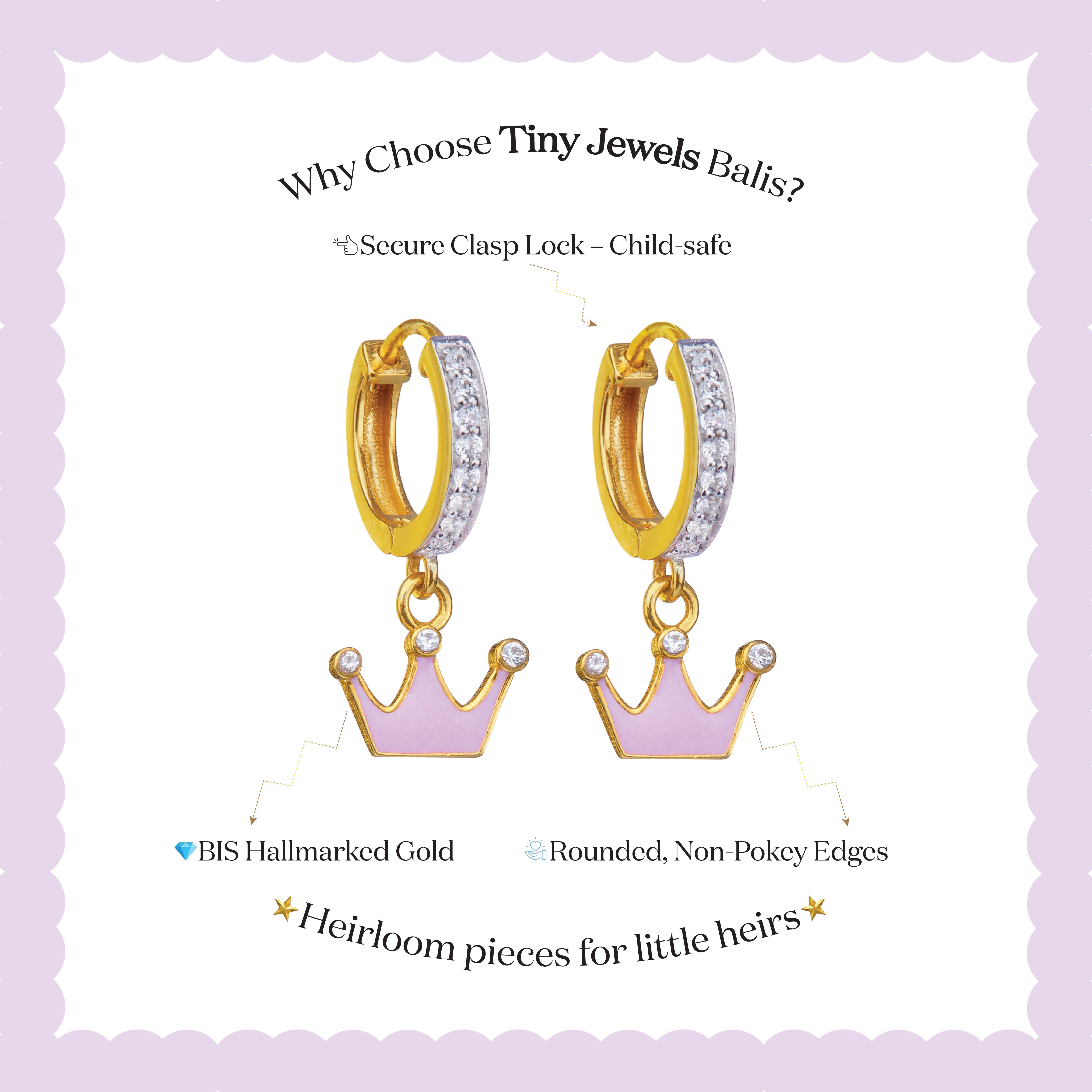 Tiny Jewels gold hoop earrings with pink crowns on a white background with text about Tiny Jewels Balis.