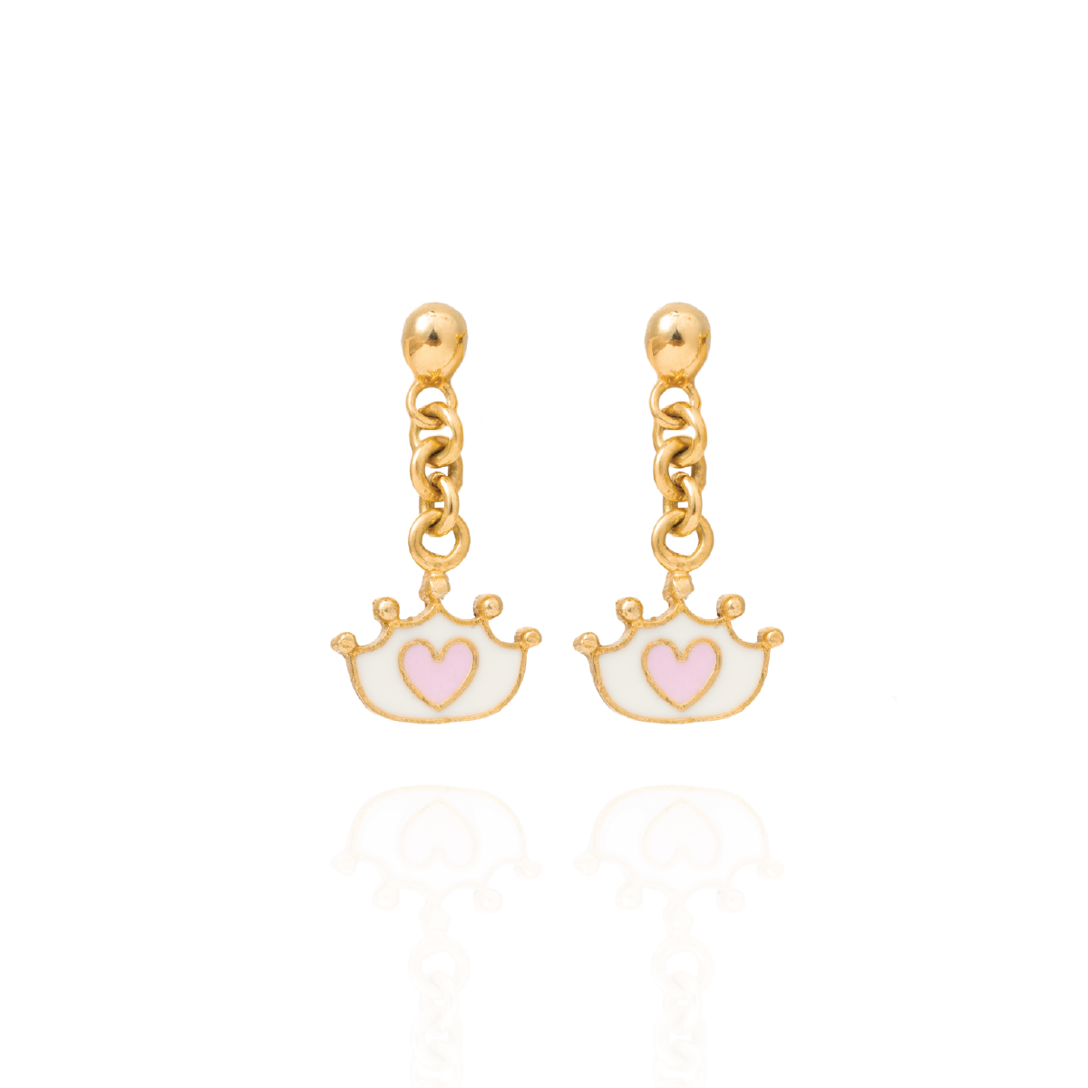 Tiny Jewels gold earrings with pink heart designs on a white background