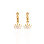 Tiny Jewels gold earrings with pink heart designs on a white background