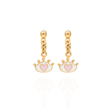 Tiny Jewels gold earrings with pink heart designs on a white background
