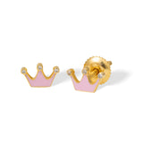 Tiny Jewels crown-shaped earrings with pink and gold colors on a white background